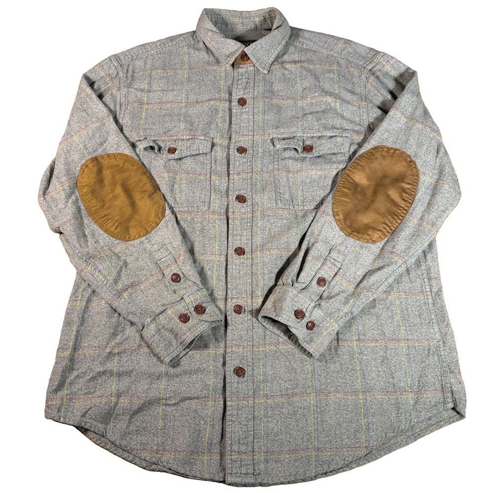 Orvis Fairbanks Flannel Shirt Men's L Gray Windowpane Plaid Elbow Patch Cotton